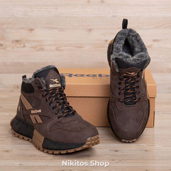 Мужские зимние кожаные ботинки коричневые Reebok 05 R-05 шок бот фото