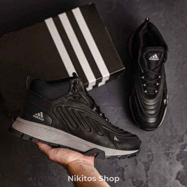 Чоловічі зимові шкіряні кросівки чорного кольору Adidas Ozelia A-04 A-04ч/сір бот фото